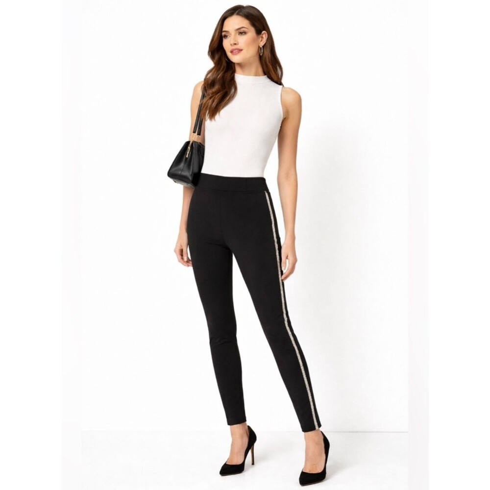 ZARA Black Rhinestone Side Stripe Pants Slim Stretch Pull On Career Chic Large